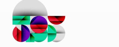 Soyut kompozisyon. Üst üste binen daireler, yarı daireler dinamik görsel efektler yaratır. Kırmızı, mor, turkuaz, beyaz renkler baskın. Modern tasarım.