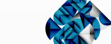 Soyut geometrik şekiller, mavi, beyaz, gri. Üst üste binen formlar dinamik bileşim oluşturur. Modern tasarım, temiz çizgiler, minimalist estetik.