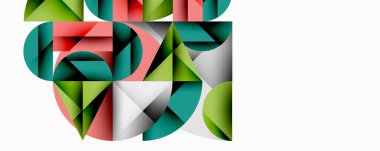 Soyut geometrik bileşim. Şekiller örtüşüyor, dinamik görsel ilgi yaratıyor. Renkler arasında yeşil, kırmızı, deniz mavisi, beyaz, gri yer alıyor. Modern tasarım.