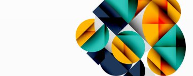 Soyut geometrik bileşim. Üst üste binen daireler, kareler dinamik görsel efektler yaratır. Parlak renkler, modern tasarım. Minimalist estetik.