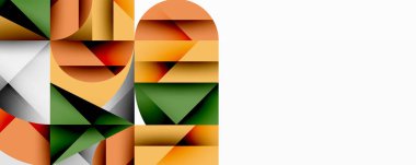 Geometrik şekiller, turuncu, yeşil, siyah, beyaz. Soyut kompozisyon, modern tasarım, minimalist estetik. Temiz çizgiler, düz renkler, basit formlar.