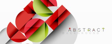 Parlak şekiller dinamik bileşim oluşturur. Kırmızı, yeşil, gri renkler baskın. Arkaplan veya sunumlar için modern tasarım ögesi.