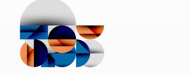 Soyut geometrik bileşim. Üst üste binen daireler, mavi, turuncu, gri. Modern tasarım, temiz çizgiler, minimalist estetik. Şekiller dinamik görsel ilgi yaratır.