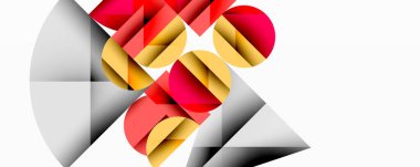 Soyut geometrik bileşim. Kırmızı, altın, gri şekiller kesişiyor. Minimalist tasarım, modern estetik, temiz çizgiler, dinamik düzenleme.