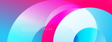 Canlı örtüşen çemberler soyut arkaplan oluşturur. Mavi, pembe, beyaz renkler düzgün bir şekilde harmanlanır. Modern tasarım, pürüzsüz eğimler, dinamik kompozisyon.