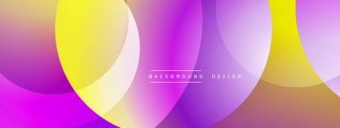 Parlak soyut kompozisyon. Üst üste binen çemberler canlı gradyanlar yaratır. Mor, sarı, turuncu renkler tasarımda baskın. Modern estetik.