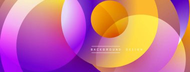 Canlı örtüşen çemberler soyut gradyan arkaplan oluşturur. Mor, pembe, turuncu, sarı renkler kusursuz bir şekilde harmanlanır. Modern tasarım ögesi.