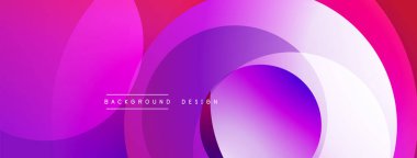 Soyut, enerjik çemberler çakışıyor. Mor, pembe, beyaz renkler düzgün bir şekilde harmanlanır. Modern tasarım dinamik görsel efekt yaratır. Yumuşak eğimler derinlik sunar.
