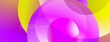 Canlı örtüşen daireler soyut kompozisyon oluşturur. Mor, pembe, sarı renkler kusursuz bir şekilde harmanlanır. Dijital projeler için modern tasarım.