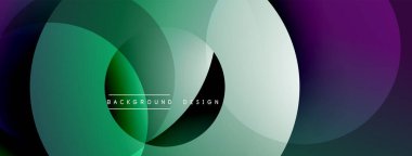 Soyut tasarım. Üst üste binen daireler dinamik bileşim yaratır. Yeşil, mor, beyaz renkler düzgün bir şekilde harmanlanır. Modern estetik, arka planlar için uygun.