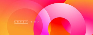 Parlak soyut bir arka plan. Üst üste binen daireler dinamik bileşim yaratır. Renkler, turuncu, pembe, canlı tasarım. Modern estetik.