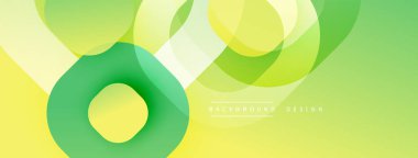 Soyut tasarım. Üst üste binen daireler dinamik bileşim yaratır. Yeşil, sarı renkler baskın. Modern estetik. Yumuşak eğimler, katmanlı şekiller. Minimalist stil.
