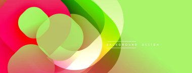 Parlak soyut şekiller çakışıyor. Yeşil, sarı, pembe renkler dinamik kompozisyon yaratır. Yumuşak eğimler modern estetik sunar.