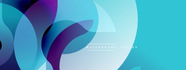 Soyut tasarım, üst üste binen daireler, mavi, mor renkler. Yumuşak eğimler modern estetik yaratır. Minimalist tarz, temiz çizgiler, canlı renkler.