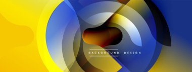Soyut tasarım. Üst üste binen daireler dinamik bileşim yaratır. Sarı, mavi, kahverengi renkler düzgün bir şekilde harmanlanır. Modern estetik. Minimalist stil.