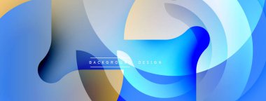 Soyut tasarım. Pürüzsüz şekiller örtüşür, dinamik bileşim yaratır. Mavi, altın, beyaz renk paleti. Modern estetik. Minimalist stil.