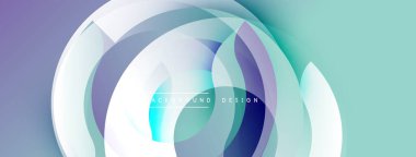 Üstüste binen şeffaf daireler içeren soyut tasarım. Renkler arasında mavi, mor, yeşil, beyaz var. Modern estetik, pürüzsüz eğimler, dinamik bileşimler.