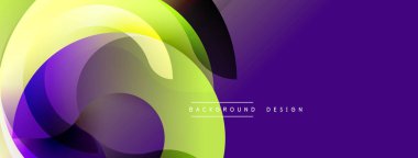 Soyut tasarım canlı mor, yeşil, sarı katmanlar içerir. Düz eğriler dinamik bileşim yaratır. Arka planlar ve sunumlar için modern estetik.