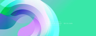 Soyut tasarım. Yumuşak katmanlar canlı renkleri harmanlarlar. Yeşil sağ tarafa hükmediyor. Mor, mavi kıvrımlar dinamik görsel akış yaratır. Modern estetik.