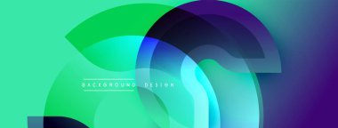 Soyut tasarım. Üst üste binen şekiller dinamik bileşim yaratır. Canlı yeşil, mavi, mor renkler kusursuz bir şekilde harmanlanır. Modern estetik. Yumuşak eğimler.