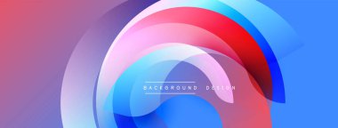 Soyut tasarım. Üst üste binen daireler dinamik bileşim yaratır. Canlı mavi, kırmızı, mor renkler düzgün bir şekilde harmanlanır. Modern estetik, temiz çizgiler, basit şekiller..