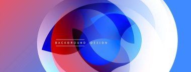 Soyut tasarım. Üst üste binen daireler dinamik bileşim yaratır. Mavi, kırmızı, beyaz renkler düzgün bir şekilde harmanlanır. Modern estetik, canlı renkler, pürüzsüz geçişler.