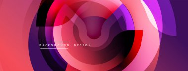 Soyut tasarım özellikleri üst üste binen daireler, canlı renkler. Mor, pembe, kırmızı renkler dinamik kompozisyon yaratır. Modern estetik, pürüzsüz eğimler.