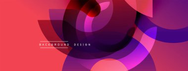 Soyut enerjik tasarım. Üst üste binen daireler dinamik bileşim yaratır. Mor, morumsu, kırmızı renkler pürüzsüz karışıyor. Modern estetik, arka plan için mükemmel..