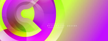 Parlak soyut bir arka plan. Üst üste binen daireler dinamik görsel efekt yaratır. Mor, yeşil, sarı renkler düzgün bir şekilde harmanlanır. Modern tasarım ögesi.