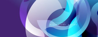 Soyut şekiller, canlı renkler, pürüzsüz gradyanlar modern tasarım yaratır. Üst üste binen daireler, akış çizgileri hareket ve derinliği gösteriyor. Serin tonlar hakim.