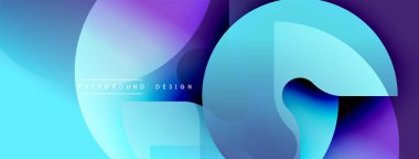 Soyut tasarım, üst üste binen daireler, canlı maviler, morlar. Yumuşak eğimler modern estetik yaratır. Minimalist metin arkaplan tasarımı okur.