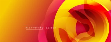 Parlak soyut tasarım. Üst üste binen daireler dinamik akış yaratır. Sıcak renkler baskın, sarıdan kırmızıya kadar değişiyor. Modern estetik, arka planlar için uygun.