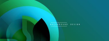 Soyut tasarım. Üst üste binen şekiller dinamik bileşim yaratır. Değişik renkler, deniz mavisi, yeşil, siyah. Modern estetik. Minimalist tarzda. Sorunsuz geçişler.