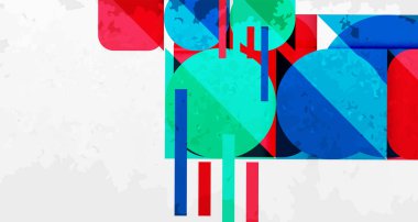 Soyut geometrik şekiller çakışıyor. Kırmızı, mavi, turkuaz dikdörtgenler, daireler dinamik bileşim oluşturur. Dokulu beyaz arka plan derinlik katıyor. Modern tasarım.