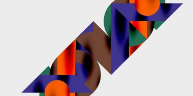 Soyut geometrik şekiller, canlı renkler, üst üste binen şekiller. Modern tasarım, dinamik kompozisyon, gradyan etkiler, görsel uyum.