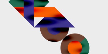 Soyut kompozisyon. Şekiller örtüşüyor, canlı renk değişimleri yaratıyor. Geometri, daireler, dikdörtgenler, düzgün geçişler, modern tasarım.