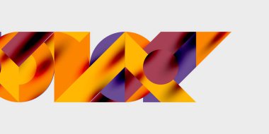 Soyut geometrik şekiller, canlı turuncu, mor renkler. Üst üste binen formlar dinamik bileşim oluşturur. Modern tasarım, temiz çizgiler, değişim etkileri.