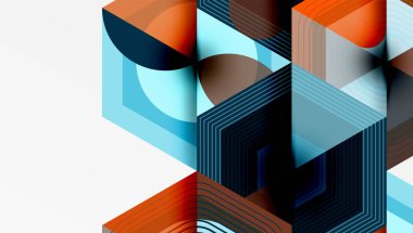 Soyut geometrik bileşim. Üst üste binen şekiller, çizgiler karmaşık görsel doku yaratır. Sıcak, serin tonlar harmanlanır. Modern tasarım, minimalist estetik.