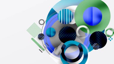 Soyut geometrik şekiller çakışıyor. Çemberler, çizgiler, noktalar dinamik bileşim yaratır. Mavi, yeşil renkler baskın. Modern tasarım ögesi.