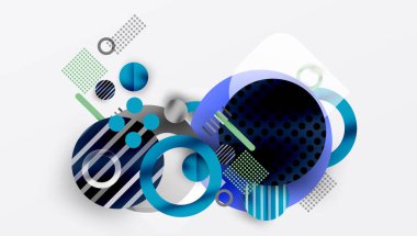 Soyut şekiller, daireler, çizgiler, noktalar. Mavi, siyah, gri renk şeması. Modern tasarım, dinamik kompozisyon, katmanlı elementler. Minimalist estetik.