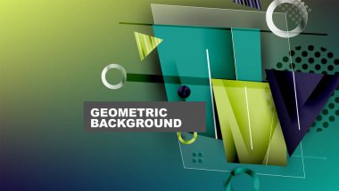 Soyut geometrik bileşim. Canlı gradyanlar, üst üste binen şekiller modern tasarım yaratır. Metalik aksanlar derinlik ve doku ekler. Temiz çizgiler, dinamik düzenleme.