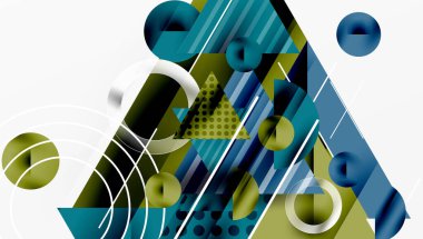 Soyut geometrik bileşim. Şekiller çakışıyor, dinamik görsel etki yaratıyor. Mavi, yeşil, beyaz egemen. Modern tasarım, temiz çizgiler, basit biçimler.