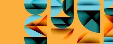 Soyut geometrik bileşim. Şekiller çakışıyor, derinlik yaratıyor. Turuncu, deniz mavisi, siyah renkler baskın. Modern tasarım, minimalist estetik.