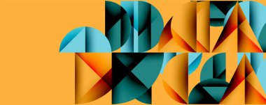 Soyut geometrik şekiller, canlı renkler, turuncu arka plan. Üst üste binen formlar dinamik bileşim oluşturur. Modern tasarım, cesur estetik.