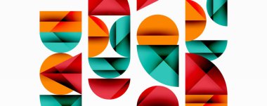 Geometrik şekiller, canlı renkler, modern tasarım, soyut kompozisyon, üst üste binen formlar, deniz mavisi, turuncu, kırmızı, beyaz zemin, minimalist estetik, dinamik düzenleme.