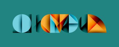 Geometrik şekiller harfleri oluşturur. Mavi, turuncu, kırmızı renkler karışımı. Modern tasarım, temiz çizgiler, sanatsal kompozisyon. Minimalist estetik, canlı renkler.