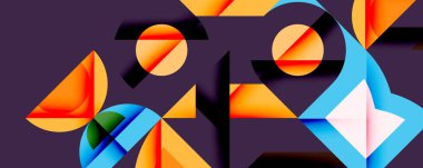 Soyut geometrik şekiller, canlı renkler, üst üste binen formlar, dinamik bileşim, modern tasarım, dijital sanat, gradyanlar, eğriler, çizgiler, doku, görsel elementler.