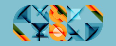 Soyut geometrik bileşim. Şekiller çakışıyor, dinamik görsel etki yaratıyor. Turuncu, mavi, yeşil tonlar baskın. Modern tasarım, temiz çizgiler, dijital sanat.