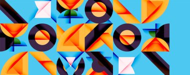 Parlak şekiller örtüşür. Turuncu, siyah, pembe, mavi soyut kompozisyon oluşturur. Geometrik formlar modern estetik sunuyor..