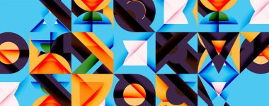 Parlak geometrik şekiller soyut desenler yaratır. Turuncu, mavi, yeşil, mor baskın kompozisyon. Modern tasarım, düz stil, dijital sanat.